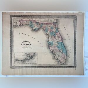 Antique 1863 Paper Map of Florida Civil‎ War Era AJ Johnson